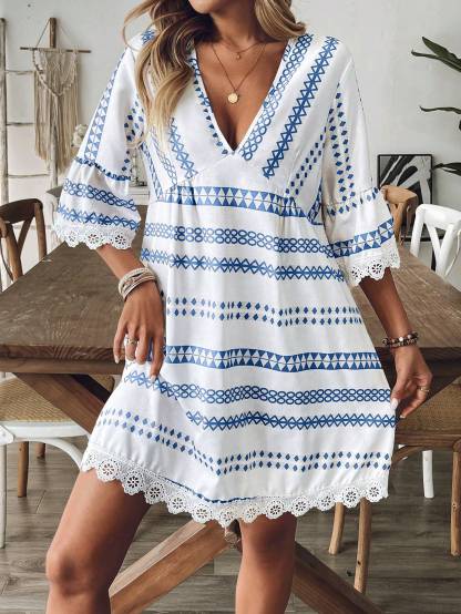Breezaya Women Striped V-Neck Geometric Pattern Sexy Casual Vacation Khaki Long Sleeve Dress, Elegant For Party