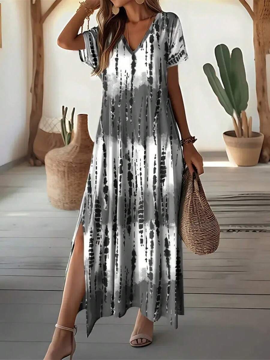 EMERY ROSE Summer New Casual Women's V-Neck Short Sleeve Loose Tie-Dye Print Split Dress
