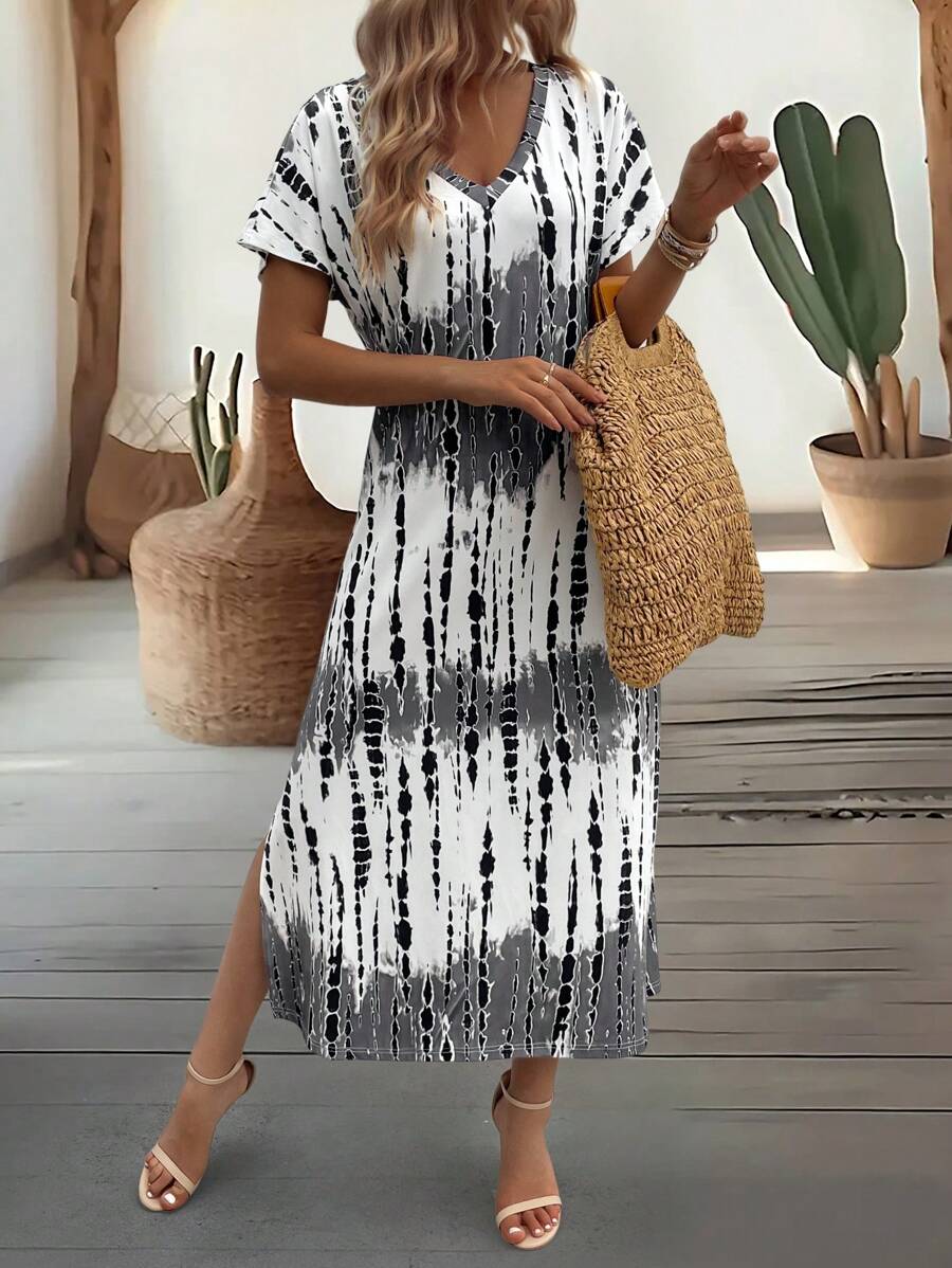 EMERY ROSE Summer New Casual Women's V-Neck Short Sleeve Loose Tie-Dye Print Split Dress