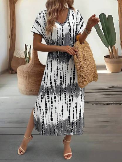 EMERY ROSE Summer New Casual Women's V-Neck Short Sleeve Loose Tie-Dye Print Split Dress