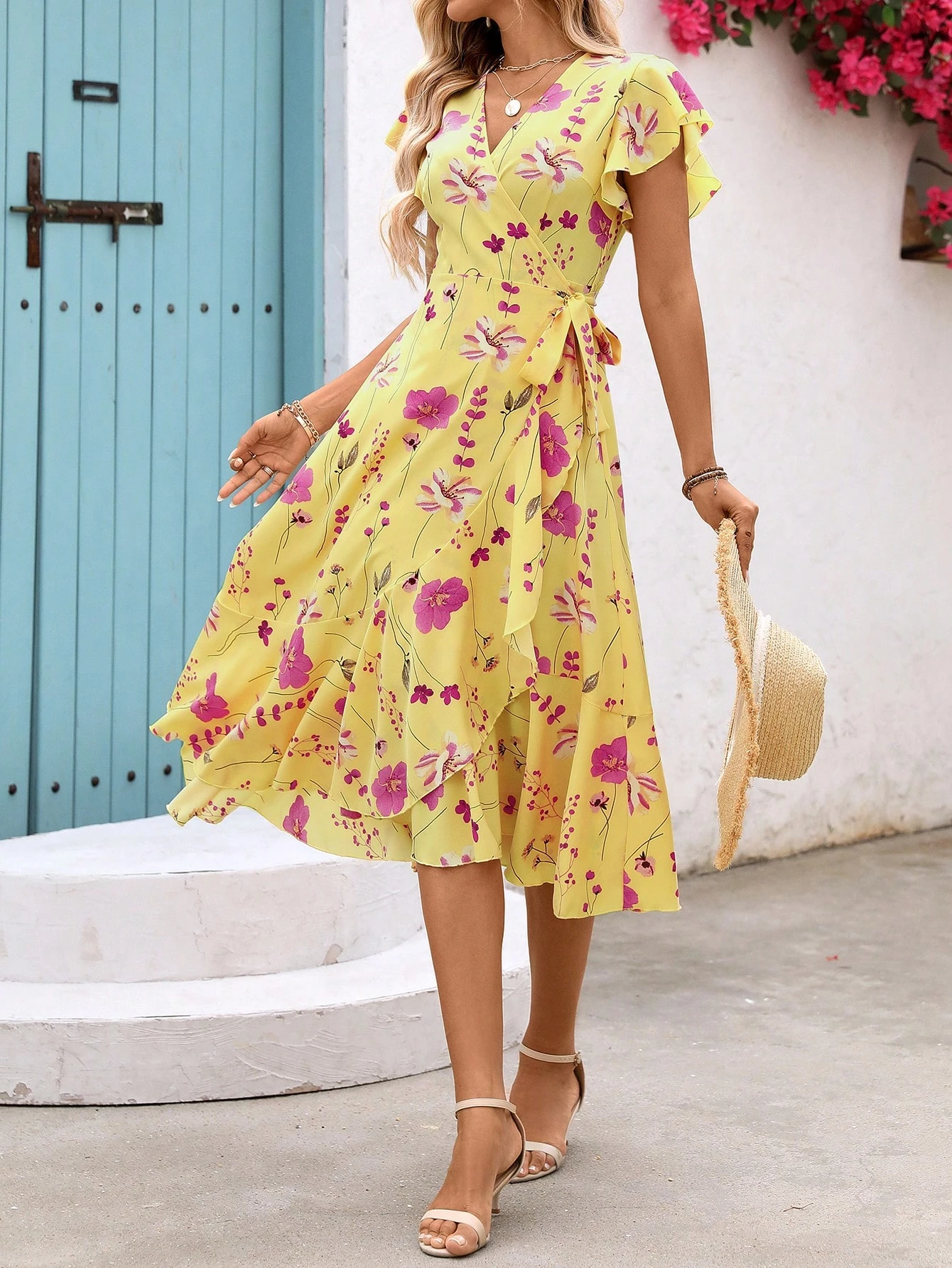 Breezaya Women's Floral Printed Wrap Style Midi Dress Maxi Women Outfit