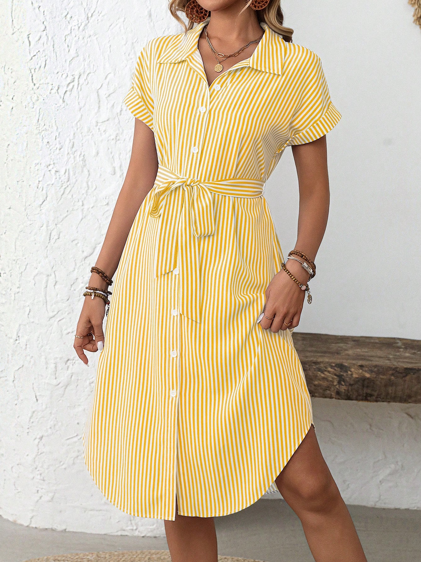 EMERY ROSE Women's Casual Striped Print Button Waist Midi Dress Shirt Women Up Short Sleeve Summer Dress