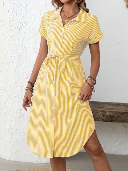 EMERY ROSE Women's Casual Striped Print Button Waist Midi Dress Shirt Women Up Short Sleeve Summer Dress