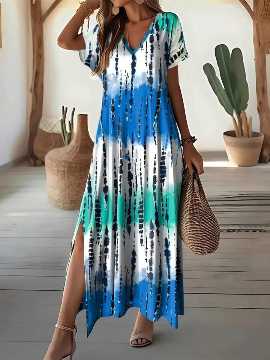 EMERY ROSE Summer New Casual Women's V-Neck Short Sleeve Loose Tie-Dye Print Split Dress