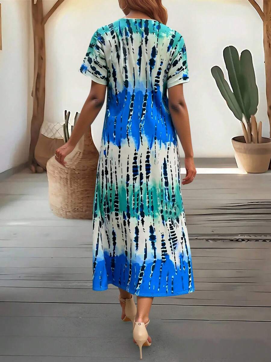 EMERY ROSE Summer New Casual Women's V-Neck Short Sleeve Loose Tie-Dye Print Split Dress