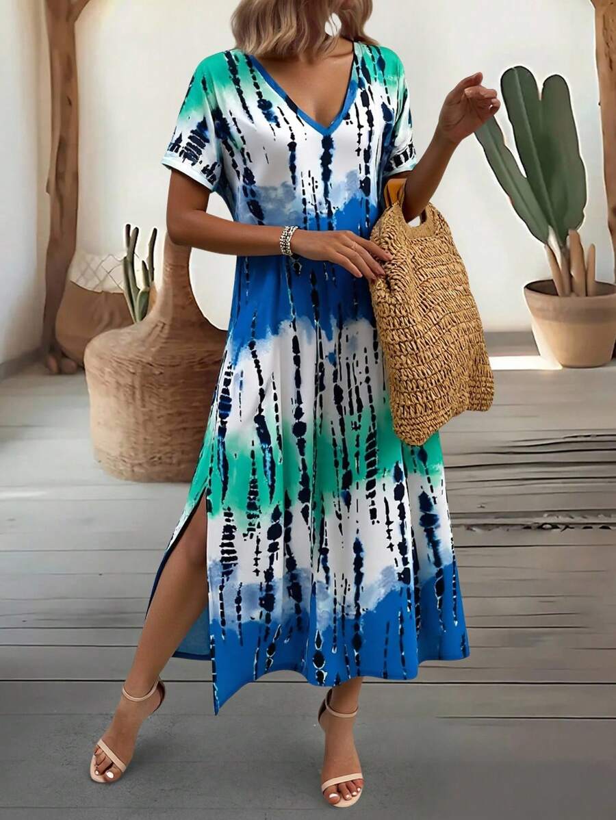 EMERY ROSE Summer New Casual Women's V-Neck Short Sleeve Loose Tie-Dye Print Split Dress