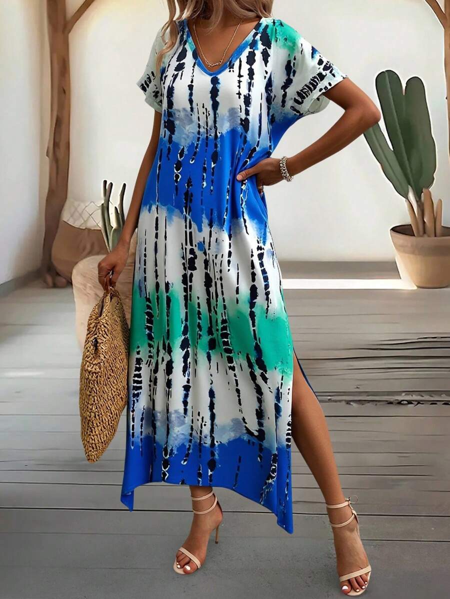 EMERY ROSE Summer New Casual Women's V-Neck Short Sleeve Loose Tie-Dye Print Split Dress