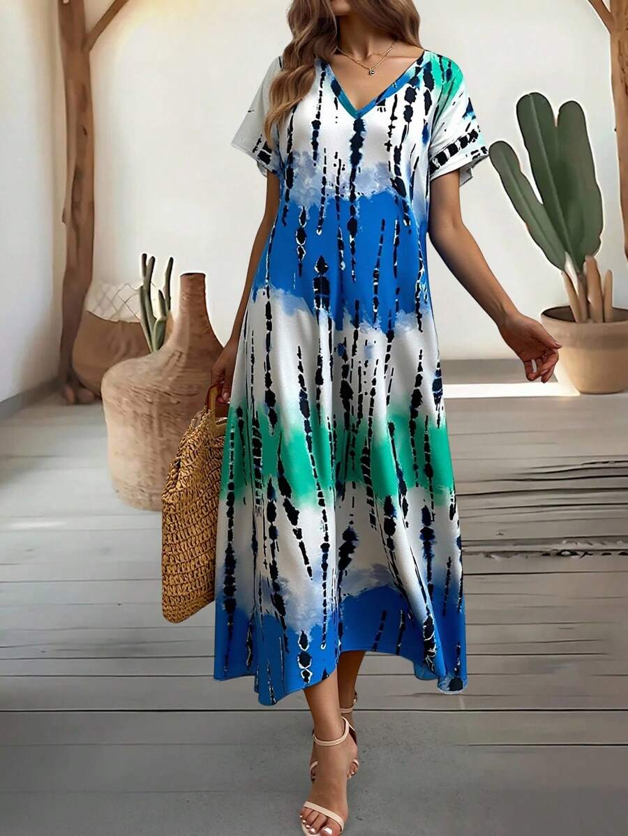 EMERY ROSE Summer New Casual Women's V-Neck Short Sleeve Loose Tie-Dye Print Split Dress
