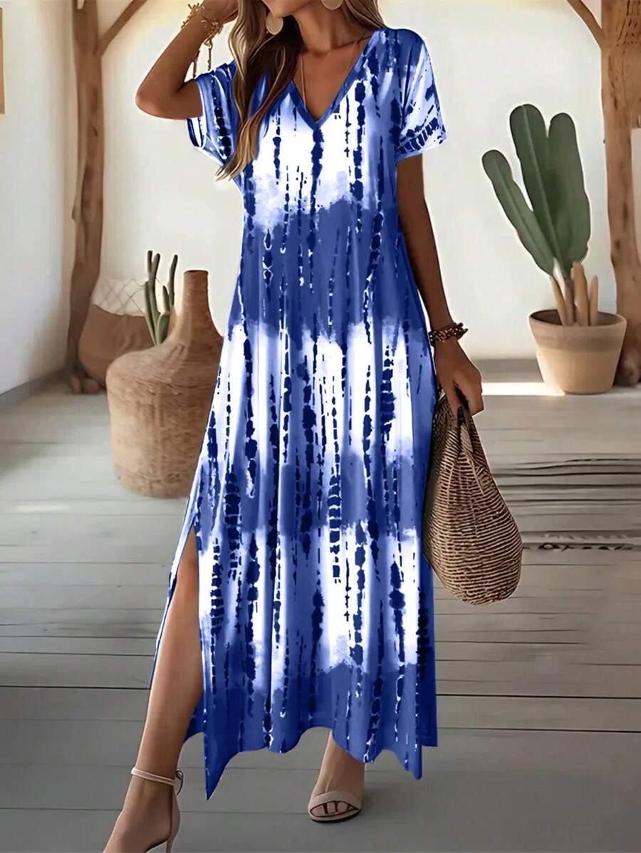 EMERY ROSE Summer New Casual Women's V-Neck Short Sleeve Loose Tie-Dye Print Split Dress