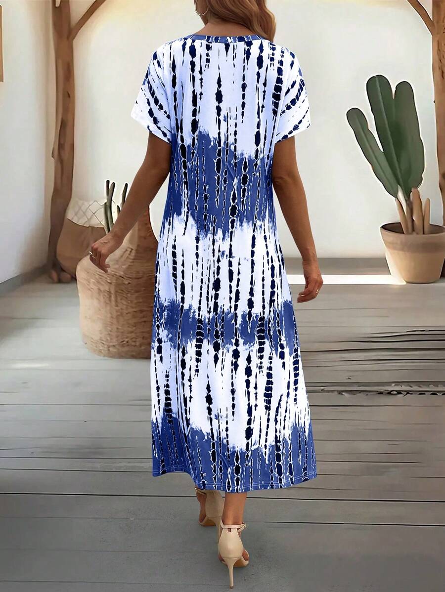 EMERY ROSE Summer New Casual Women's V-Neck Short Sleeve Loose Tie-Dye Print Split Dress
