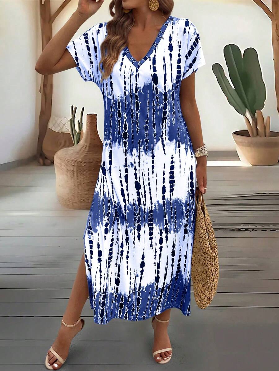 EMERY ROSE Summer New Casual Women's V-Neck Short Sleeve Loose Tie-Dye Print Split Dress