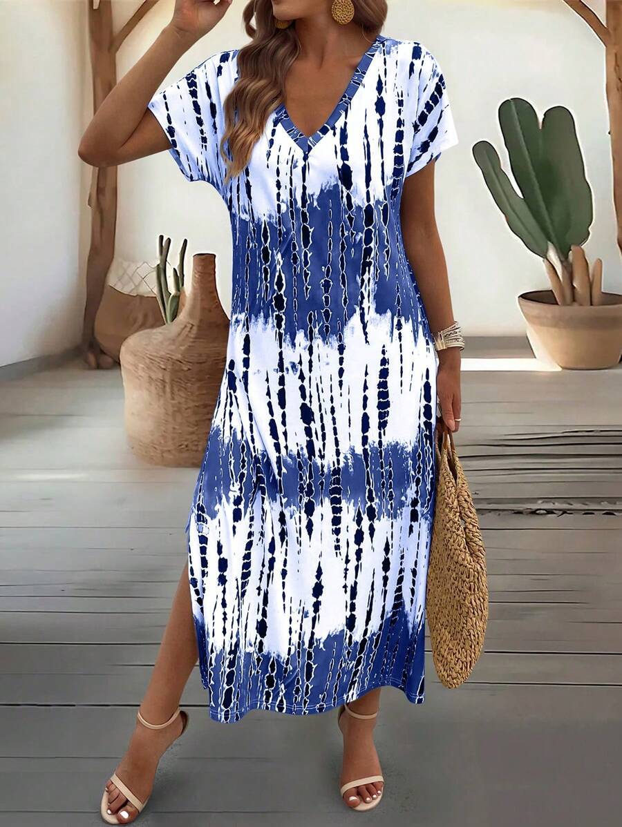 EMERY ROSE Summer New Casual Women's V-Neck Short Sleeve Loose Tie-Dye Print Split Dress