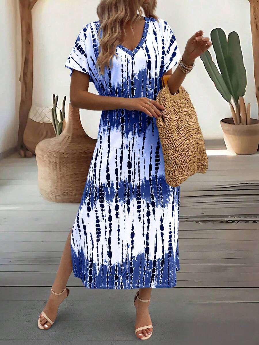 EMERY ROSE Summer New Casual Women's V-Neck Short Sleeve Loose Tie-Dye Print Split Dress