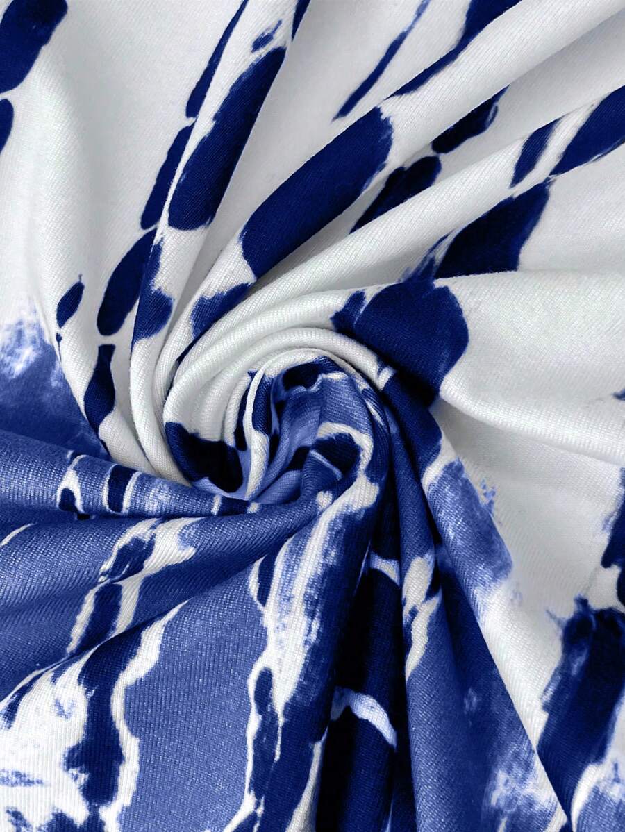 EMERY ROSE Summer New Casual Women's V-Neck Short Sleeve Loose Tie-Dye Print Split Dress