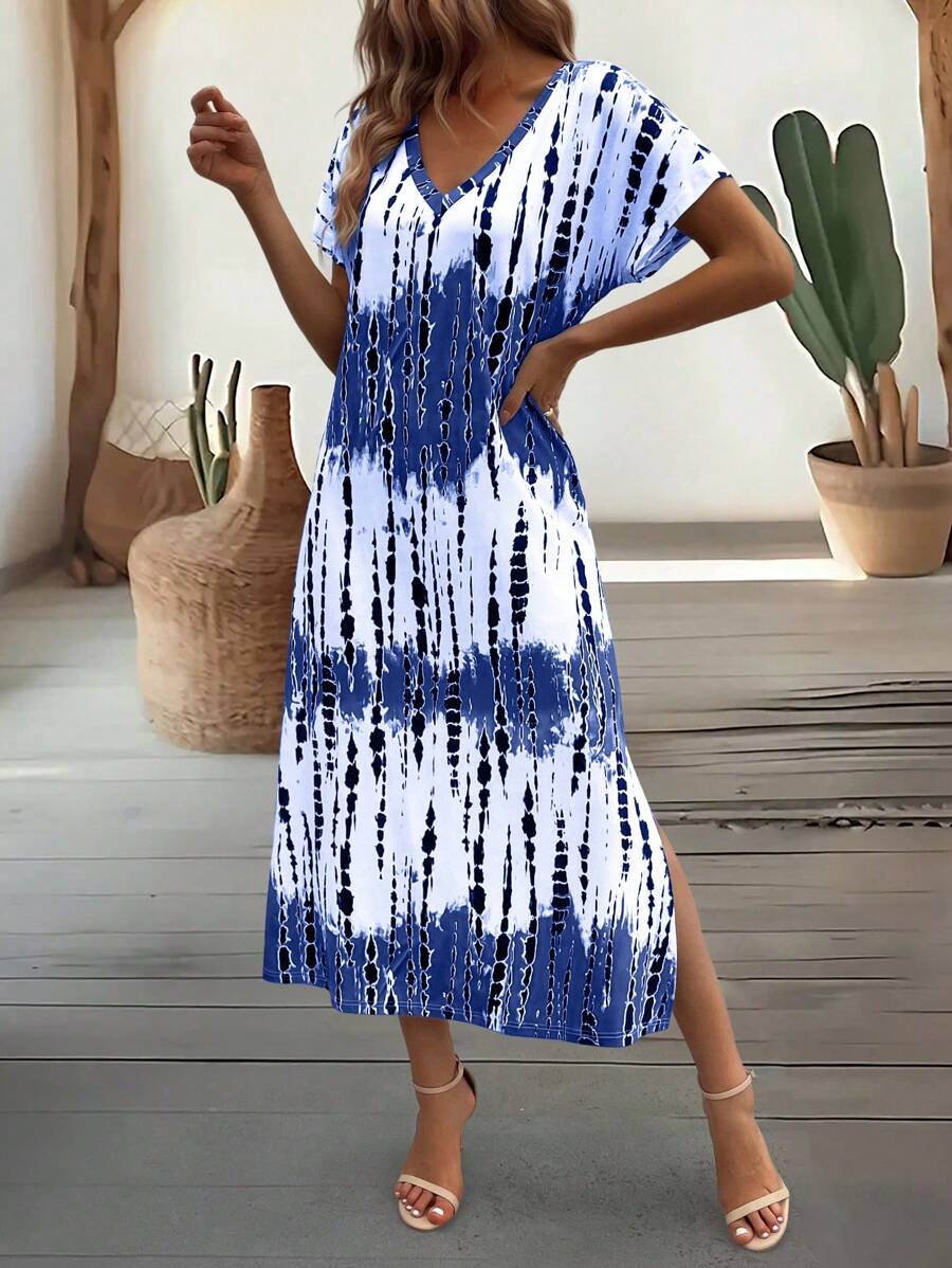 EMERY ROSE Summer New Casual Women's V-Neck Short Sleeve Loose Tie-Dye Print Split Dress