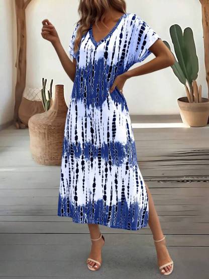 EMERY ROSE Summer New Casual Women's V-Neck Short Sleeve Loose Tie-Dye Print Split Dress