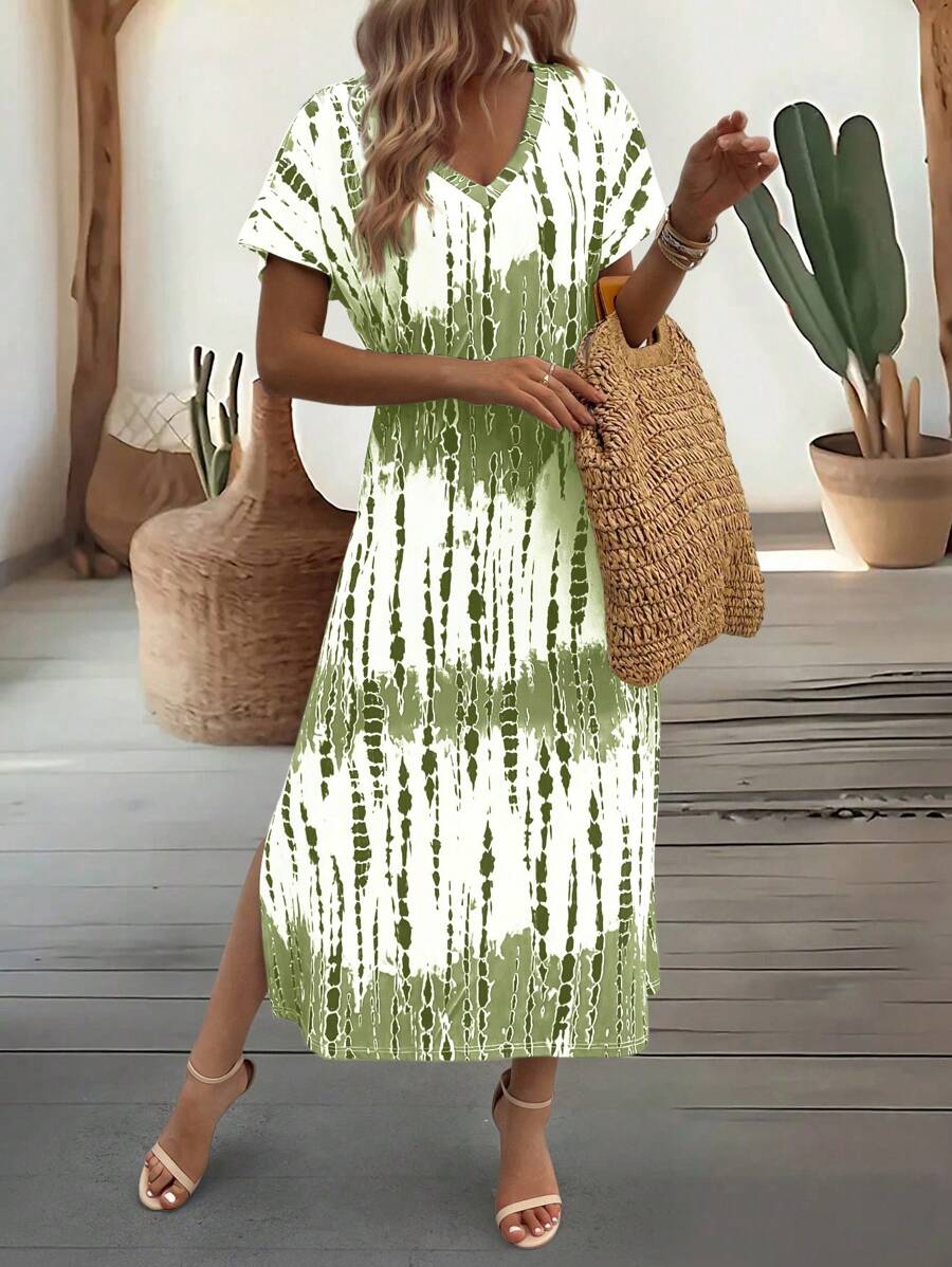 EMERY ROSE Summer New Casual Women's V-Neck Short Sleeve Loose Tie-Dye Print Split Dress