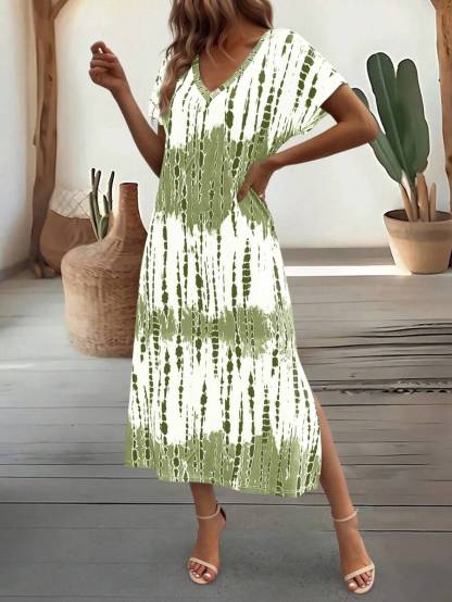 EMERY ROSE Summer New Casual Women's V-Neck Short Sleeve Loose Tie-Dye Print Split Dress