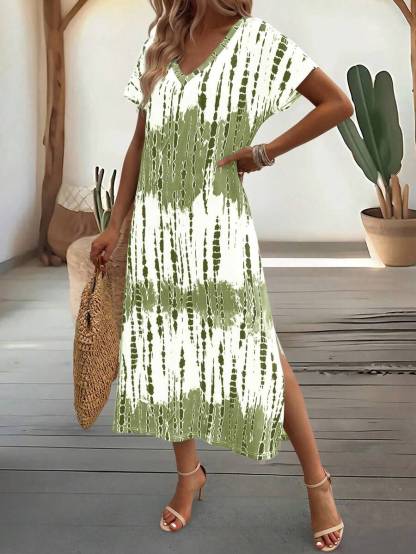 EMERY ROSE Summer New Casual Women's V-Neck Short Sleeve Loose Tie-Dye Print Split Dress
