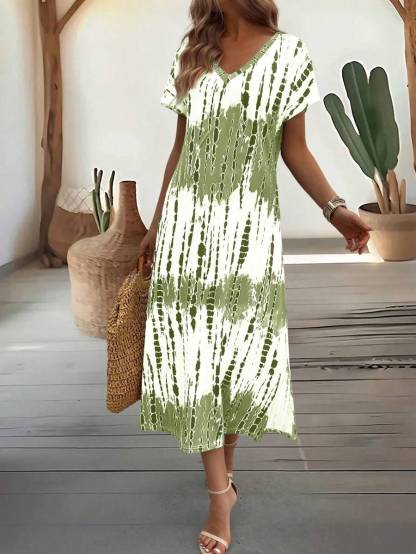 EMERY ROSE Summer New Casual Women's V-Neck Short Sleeve Loose Tie-Dye Print Split Dress