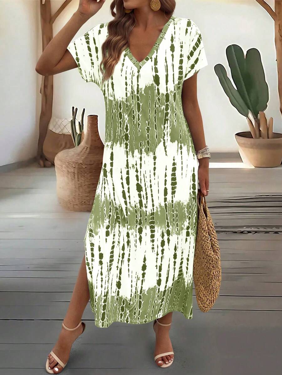 EMERY ROSE Summer New Casual Women's V-Neck Short Sleeve Loose Tie-Dye Print Split Dress