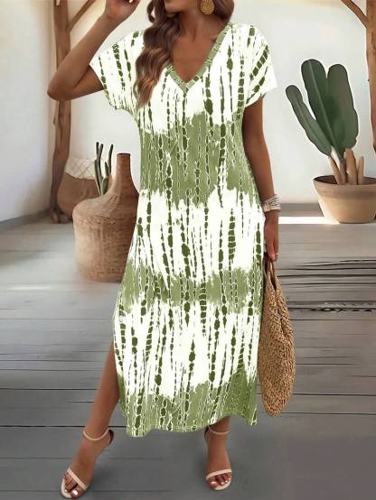 EMERY ROSE Summer New Casual Women's V-Neck Short Sleeve Loose Tie-Dye Print Split Dress