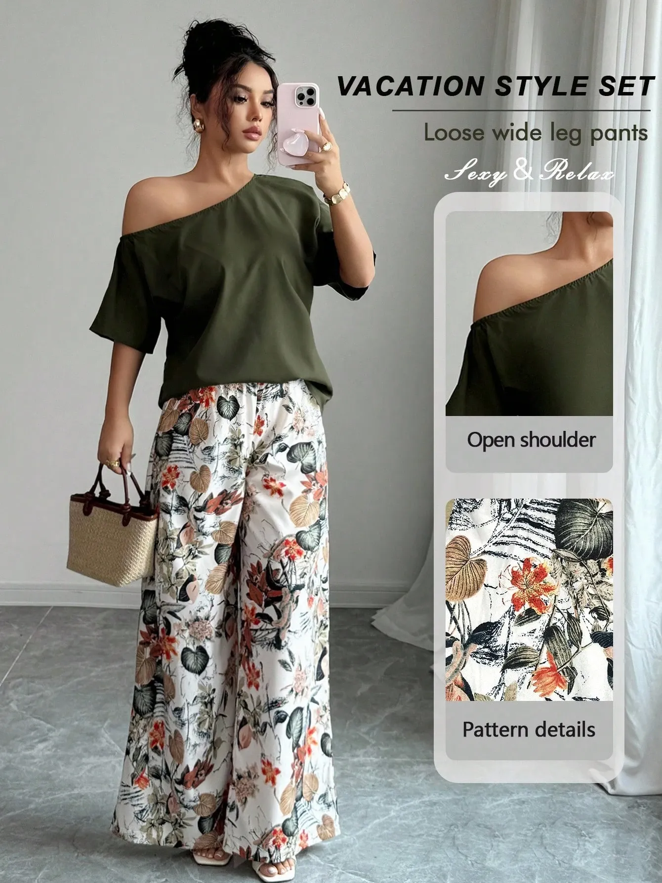 Women Summer Casual Solid Color Asymmetrical Shoulder Top And Floral Print Pants Set