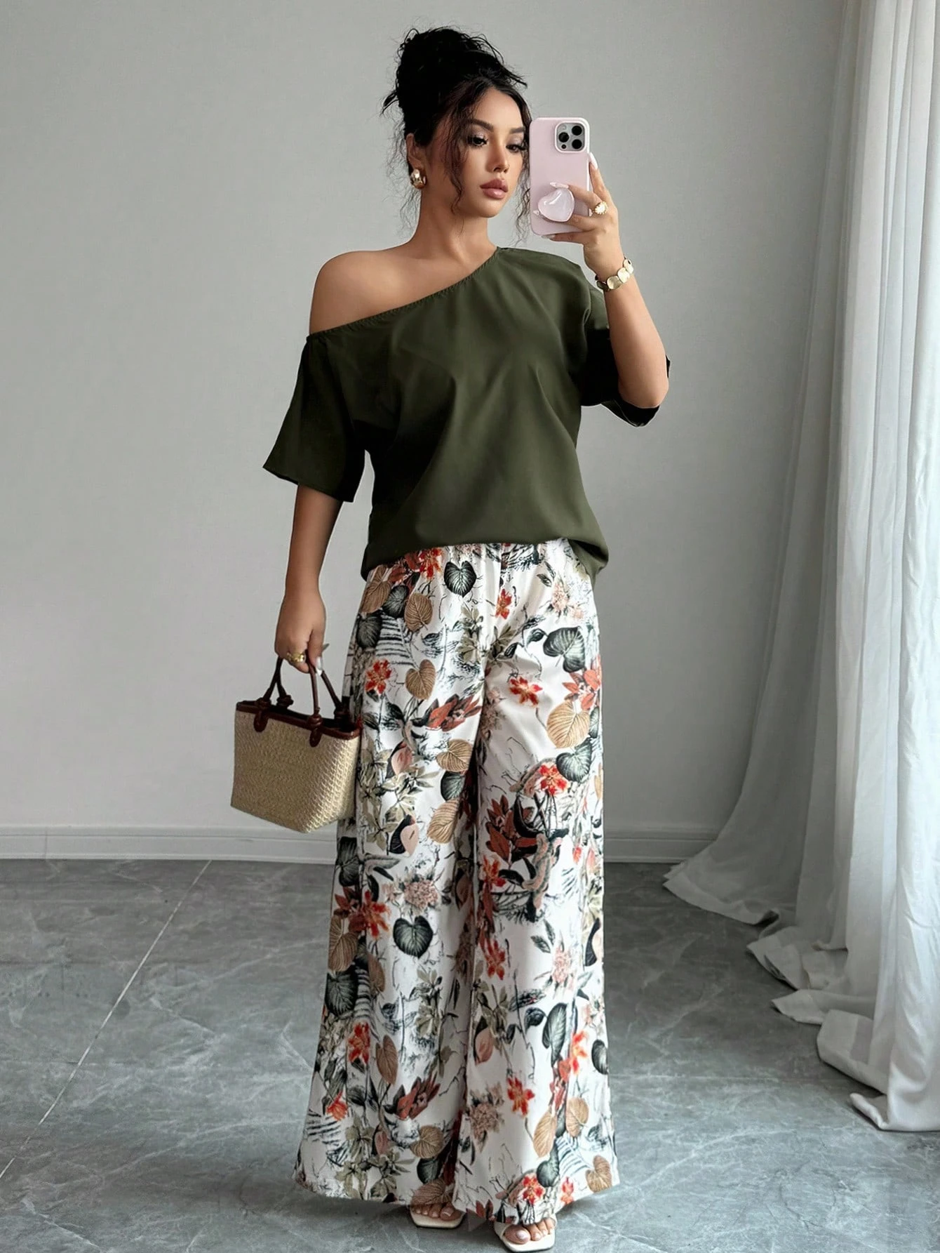 Women Summer Casual Solid Color Asymmetrical Shoulder Top And Floral Print Pants Set