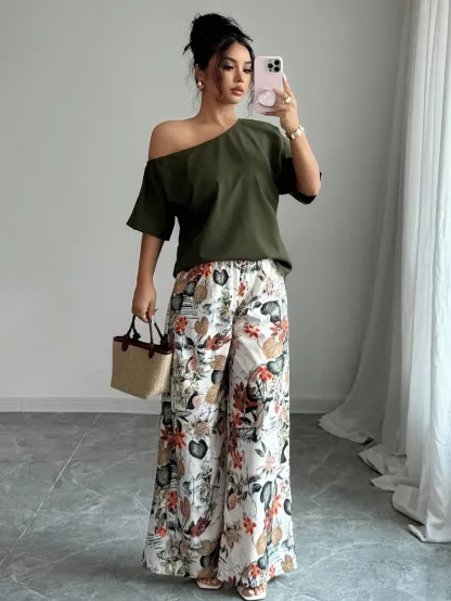 Women Summer Casual Solid Color Asymmetrical Shoulder Top And Floral Print Pants Set