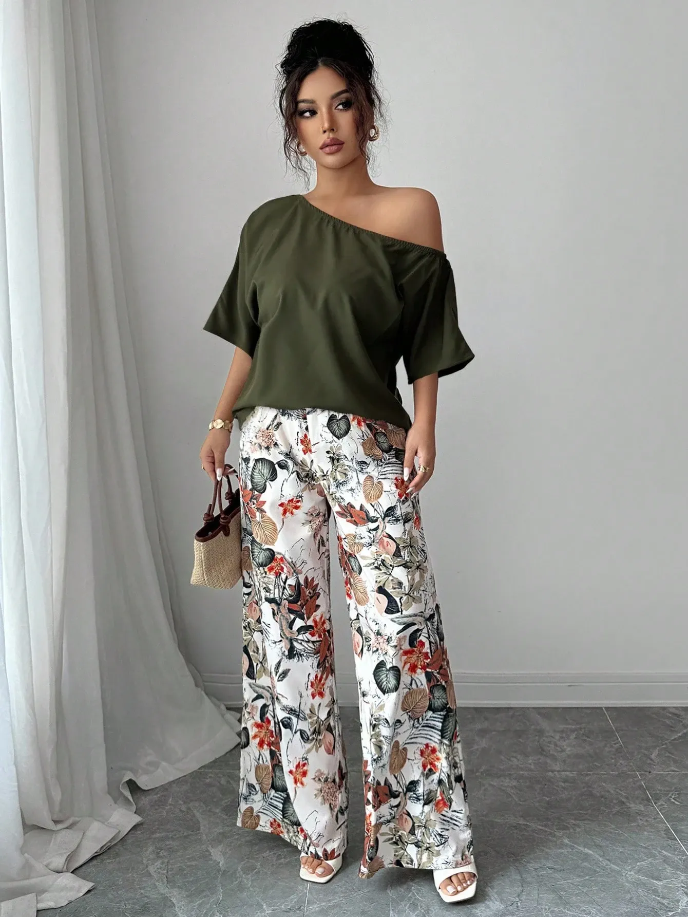 Women Summer Casual Solid Color Asymmetrical Shoulder Top And Floral Print Pants Set
