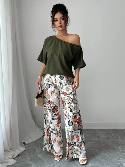 Women Summer Casual Solid Color Asymmetrical Shoulder Top And Floral Print Pants Set