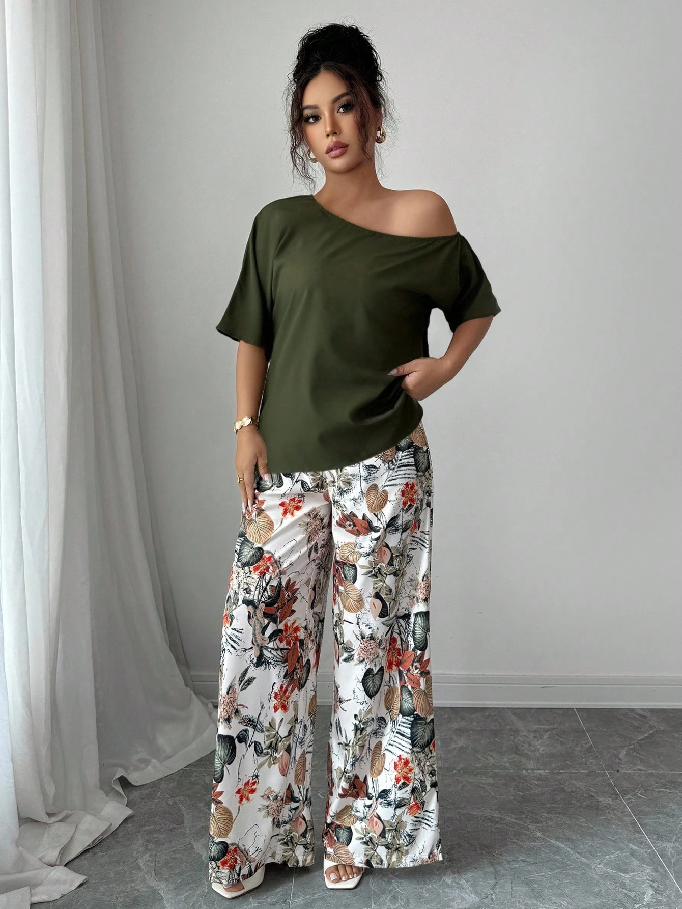 Women Summer Casual Solid Color Asymmetrical Shoulder Top And Floral Print Pants Set