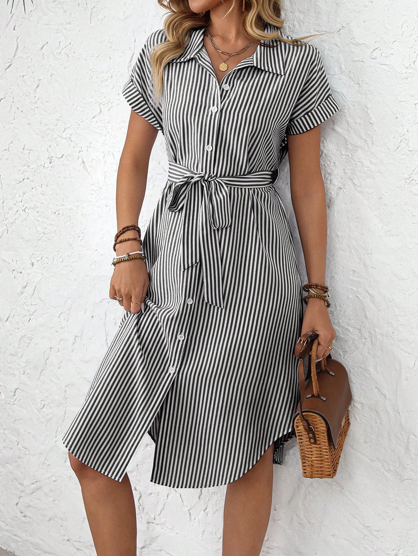 EMERY ROSE Women's Casual Striped Print Button Waist Midi Dress Shirt Women Up Short Sleeve Summer Dress
