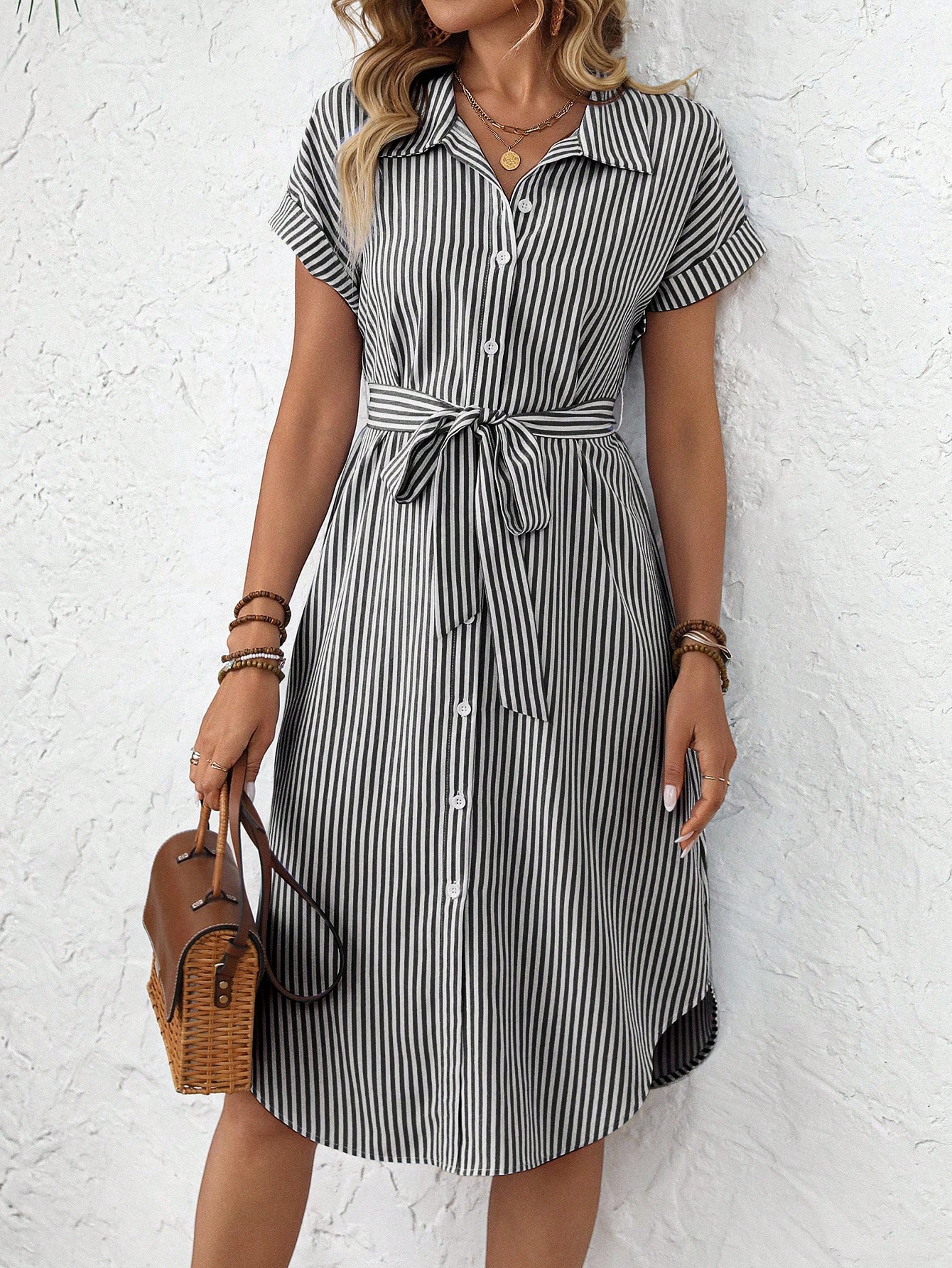 EMERY ROSE Women's Casual Striped Print Button Waist Midi Dress Shirt Women Up Short Sleeve Summer Dress