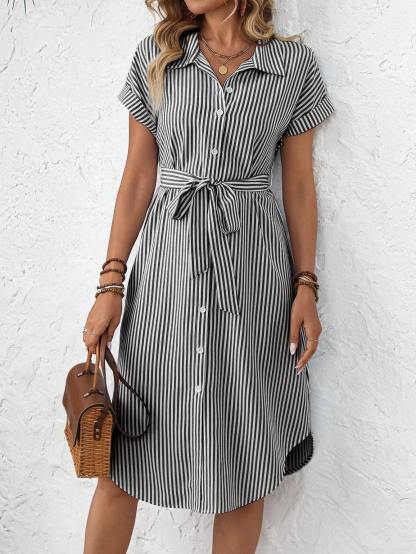 EMERY ROSE Women's Casual Striped Print Button Waist Midi Dress Shirt Women Up Short Sleeve Summer Dress