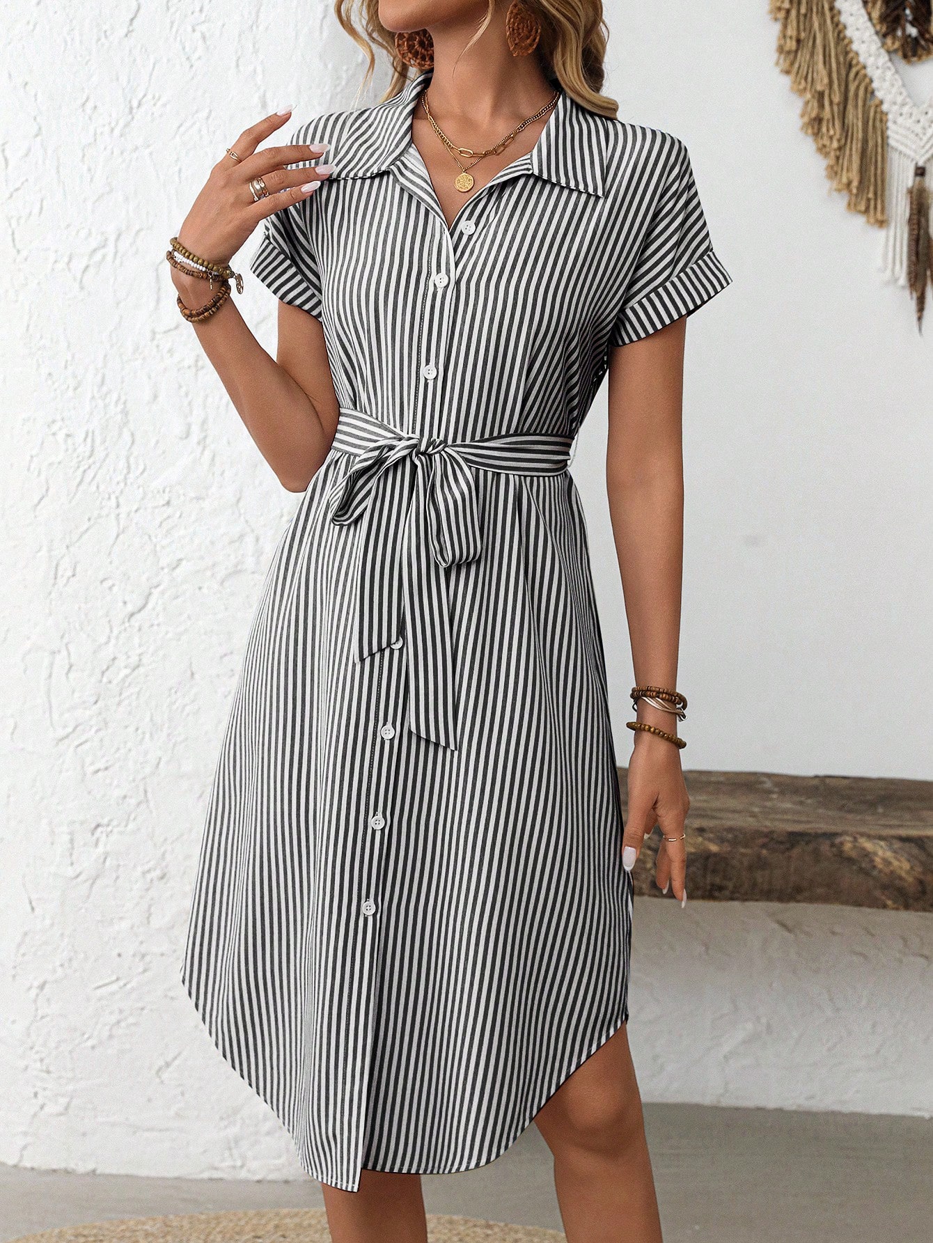 EMERY ROSE Women's Casual Striped Print Button Waist Midi Dress Shirt Women Up Short Sleeve Summer Dress