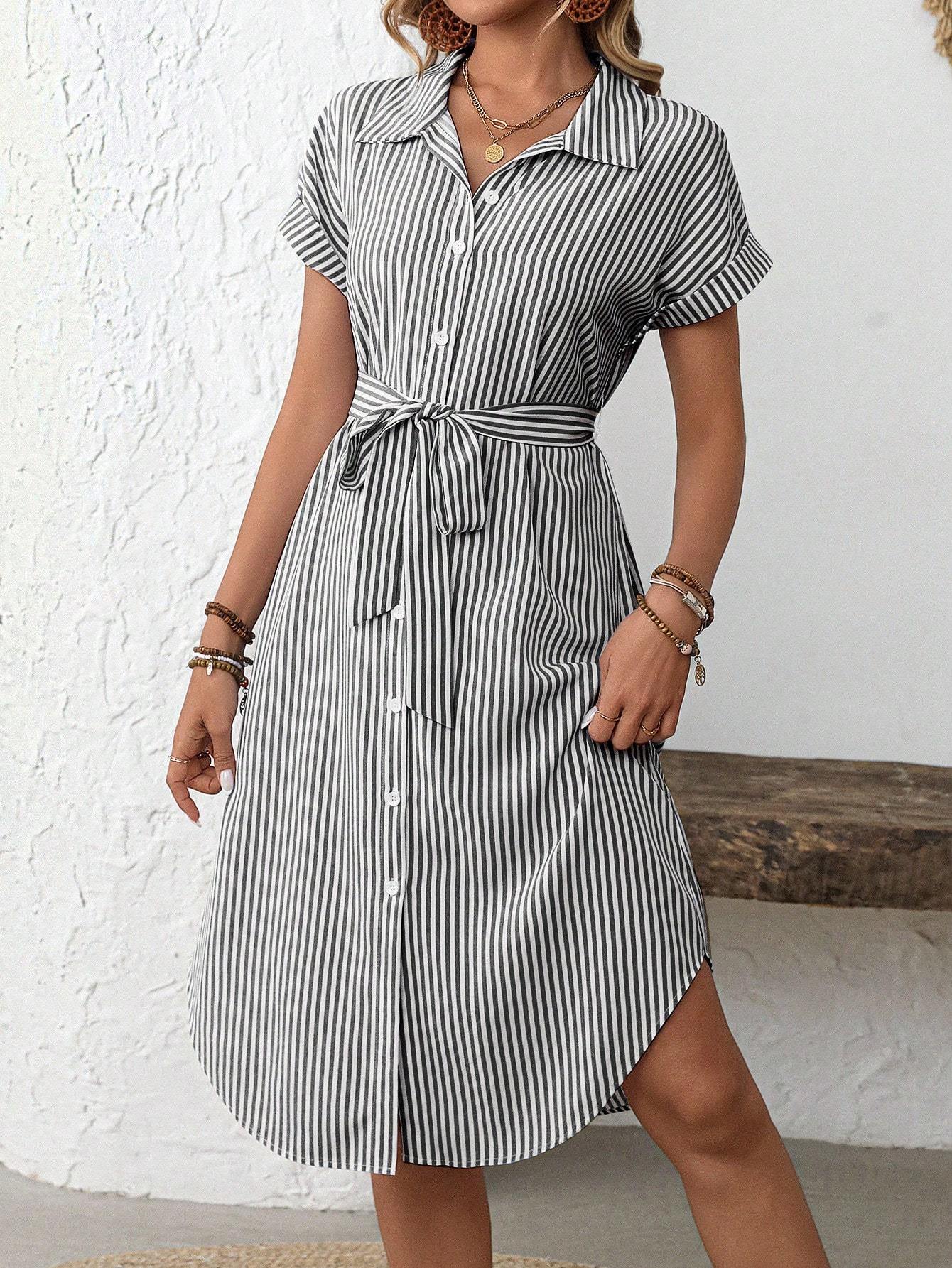EMERY ROSE Women's Casual Striped Print Button Waist Midi Dress Shirt Women Up Short Sleeve Summer Dress