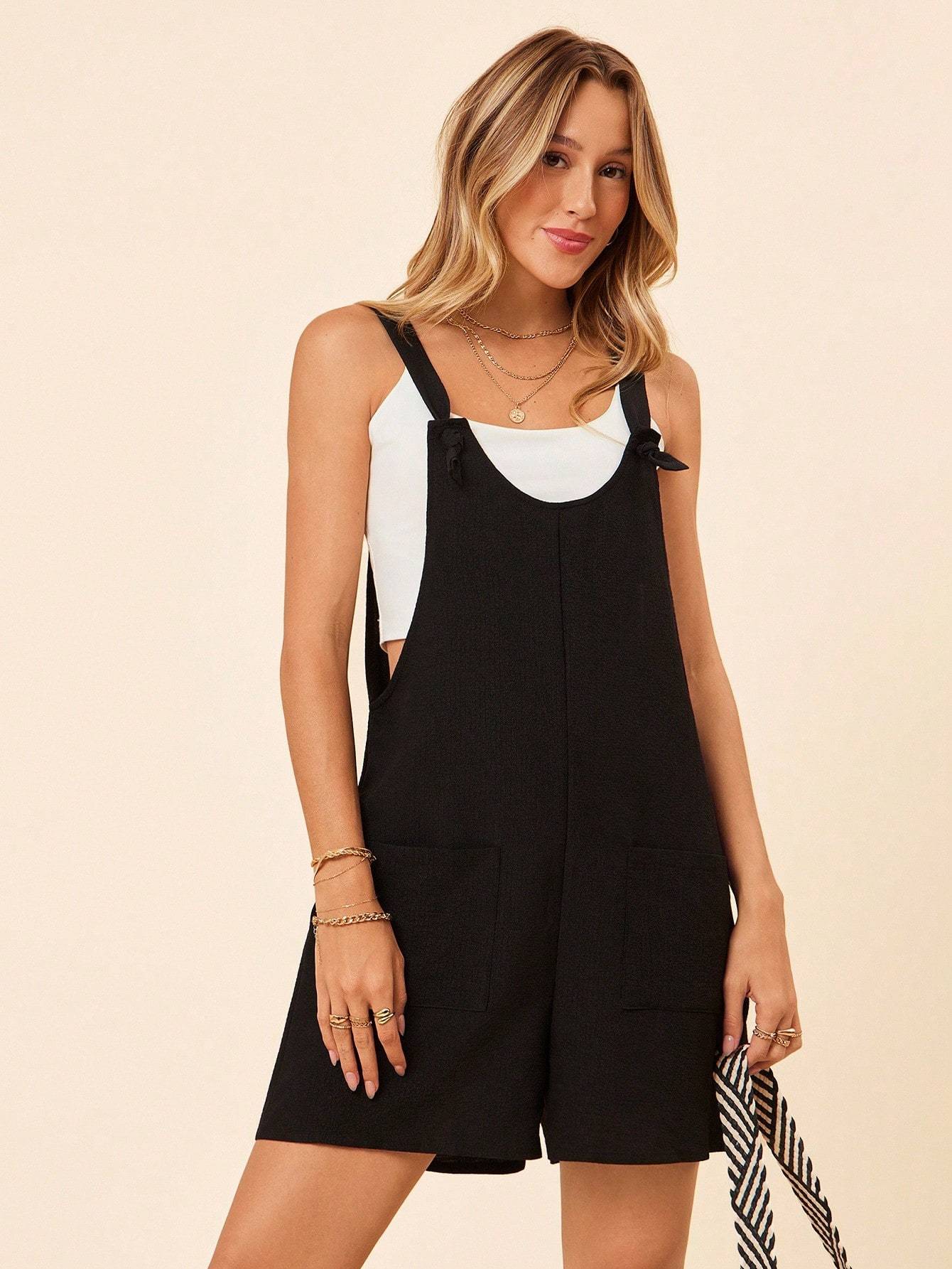 Women's Solid Color Wide Strap Pockets Simple Casual Romper