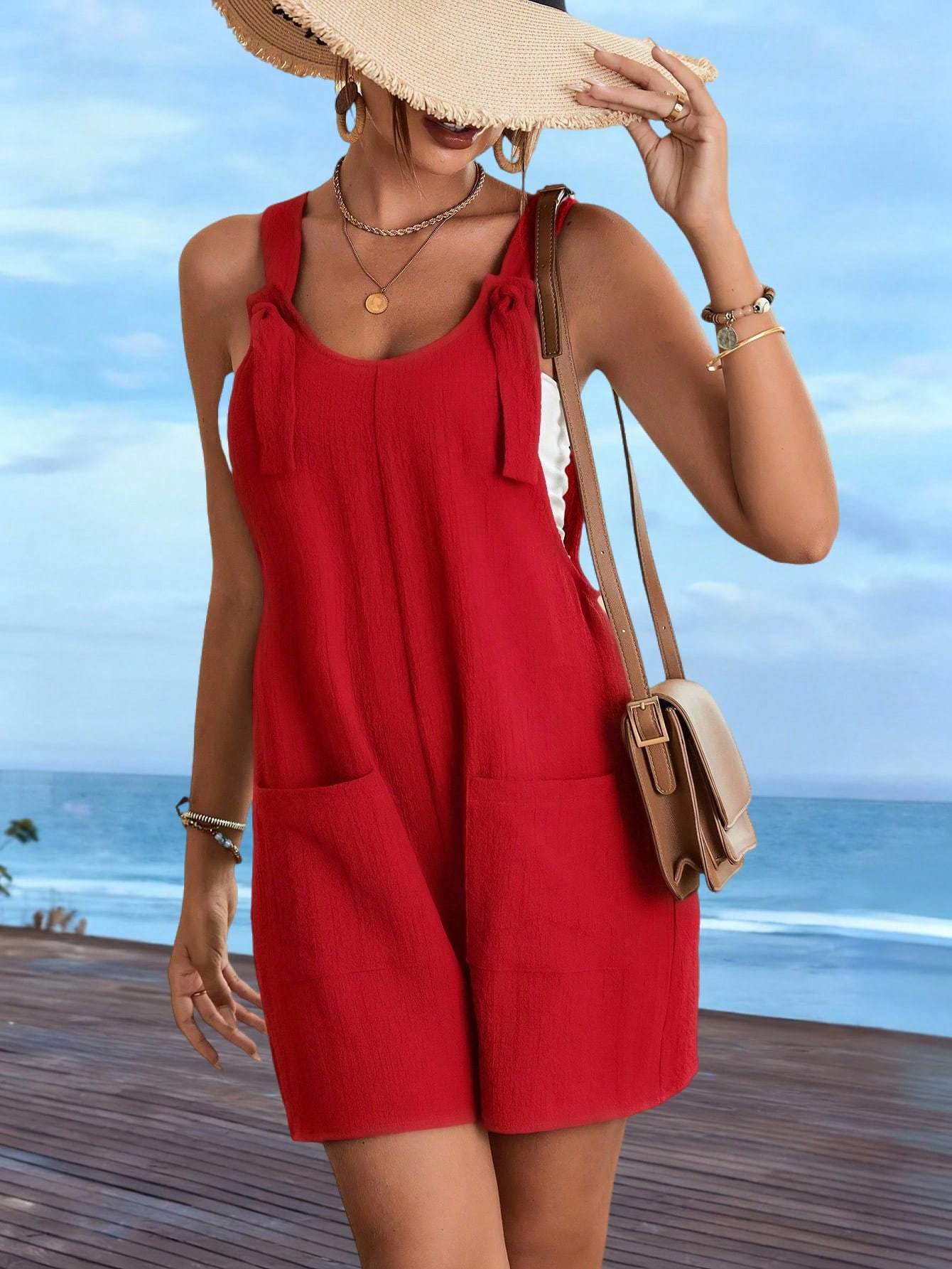 Women's Solid Color Wide Strap Pockets Simple Casual Romper