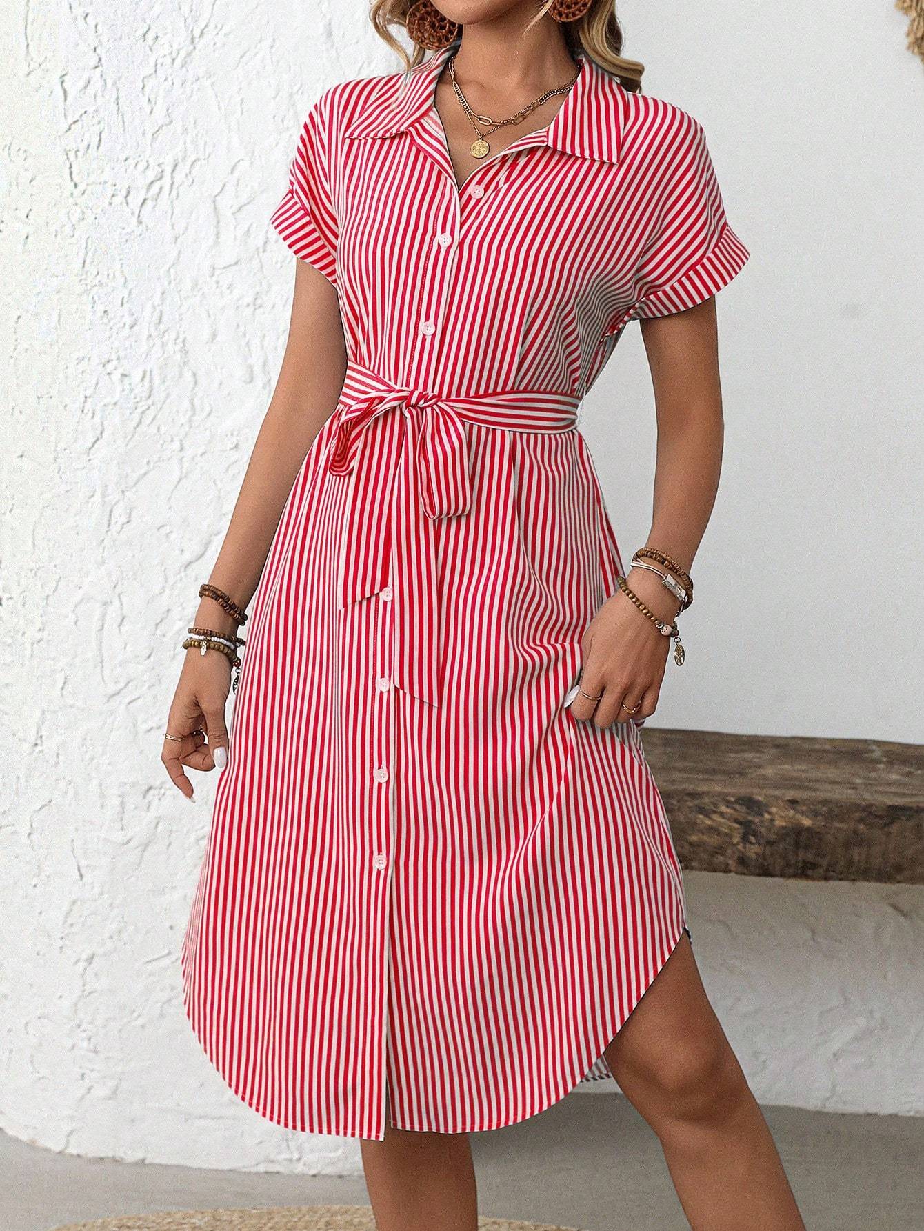 EMERY ROSE Women's Casual Striped Print Button Waist Midi Dress Shirt Women Up Short Sleeve Summer Dress