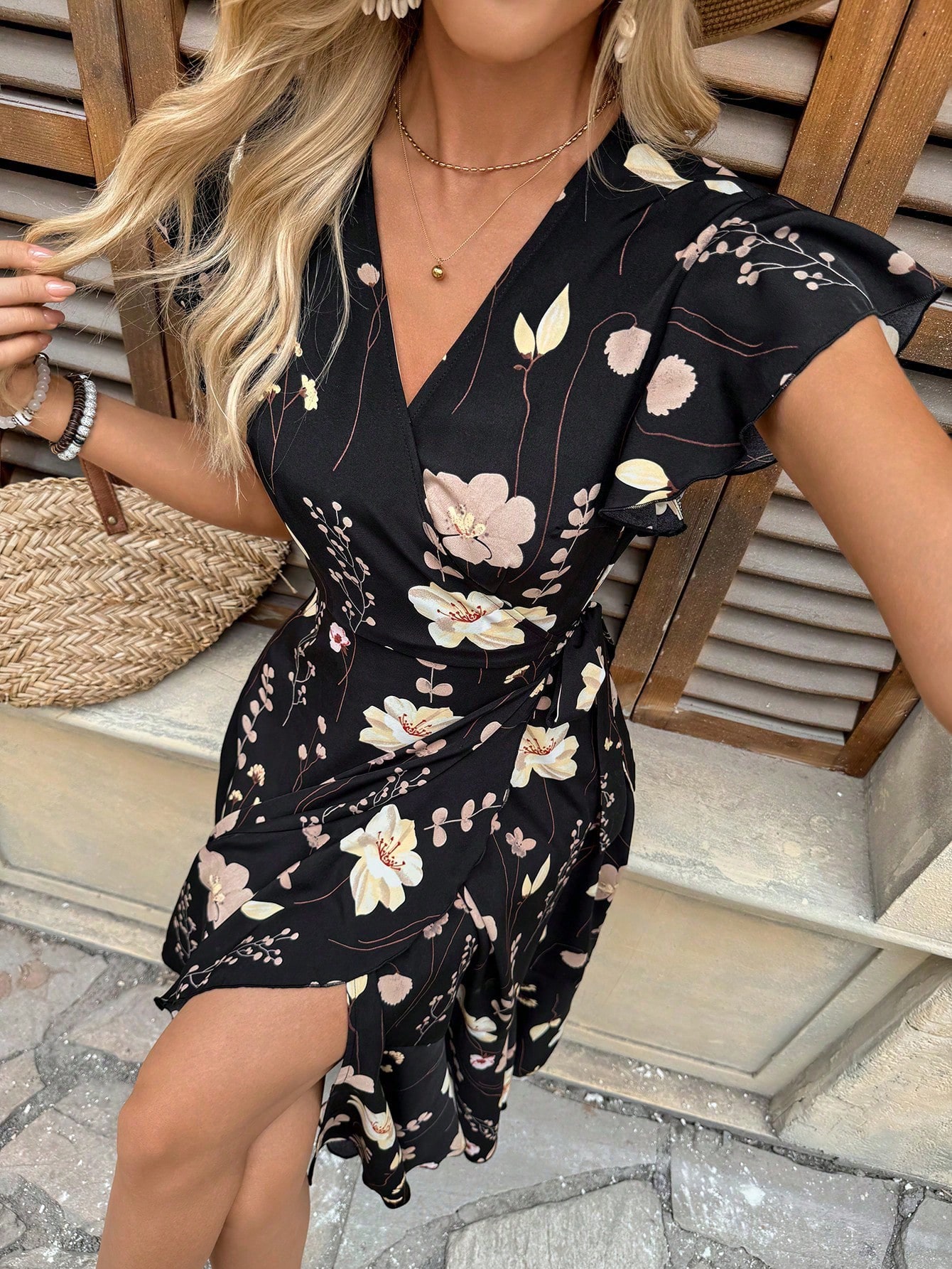 Breezaya Women's Floral Printed Wrap Style Midi Dress Maxi Women Outfit