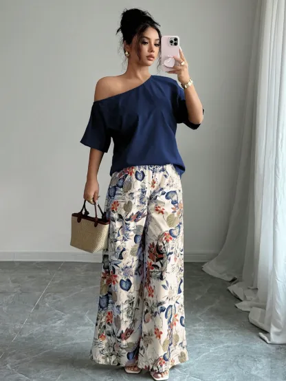 Women Summer Casual Solid Color Asymmetrical Shoulder Top And Floral Print Pants Set