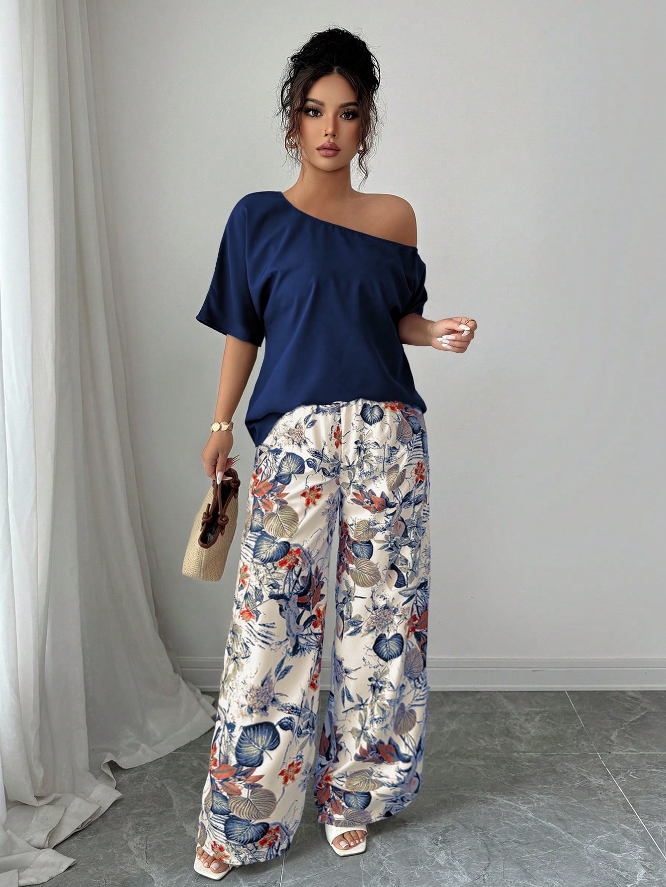 Women Summer Casual Solid Color Asymmetrical Shoulder Top And Floral Print Pants Set