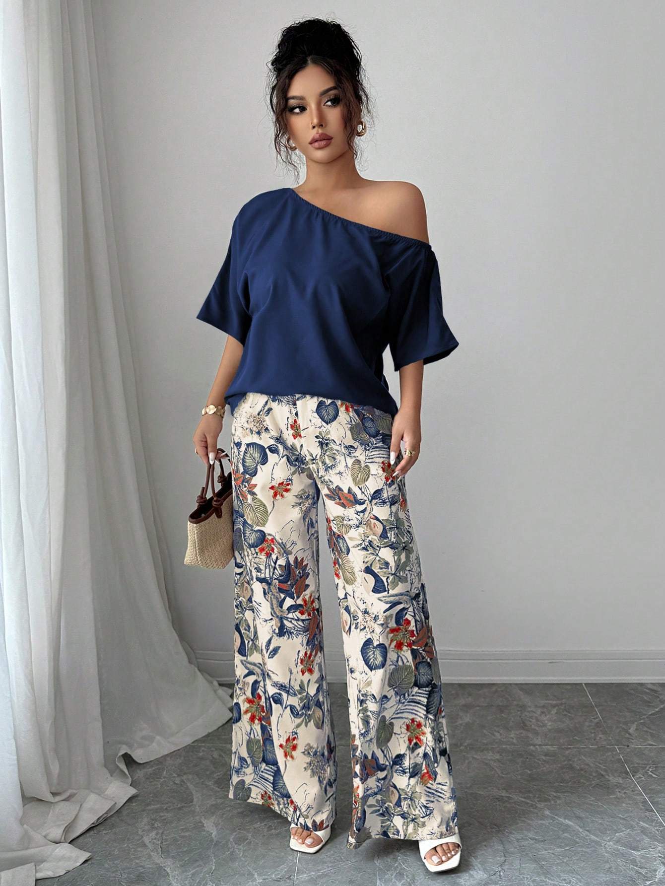 Women Summer Casual Solid Color Asymmetrical Shoulder Top And Floral Print Pants Set