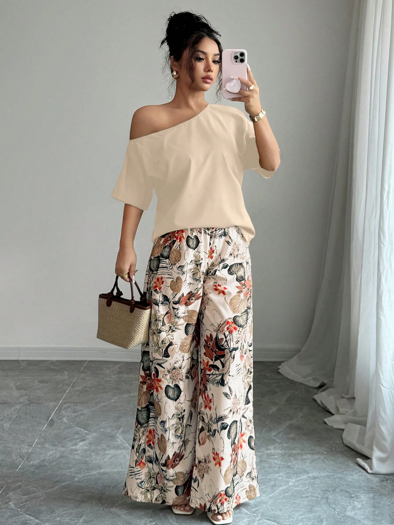 Women Summer Casual Solid Color Asymmetrical Shoulder Top And Floral Print Pants Set