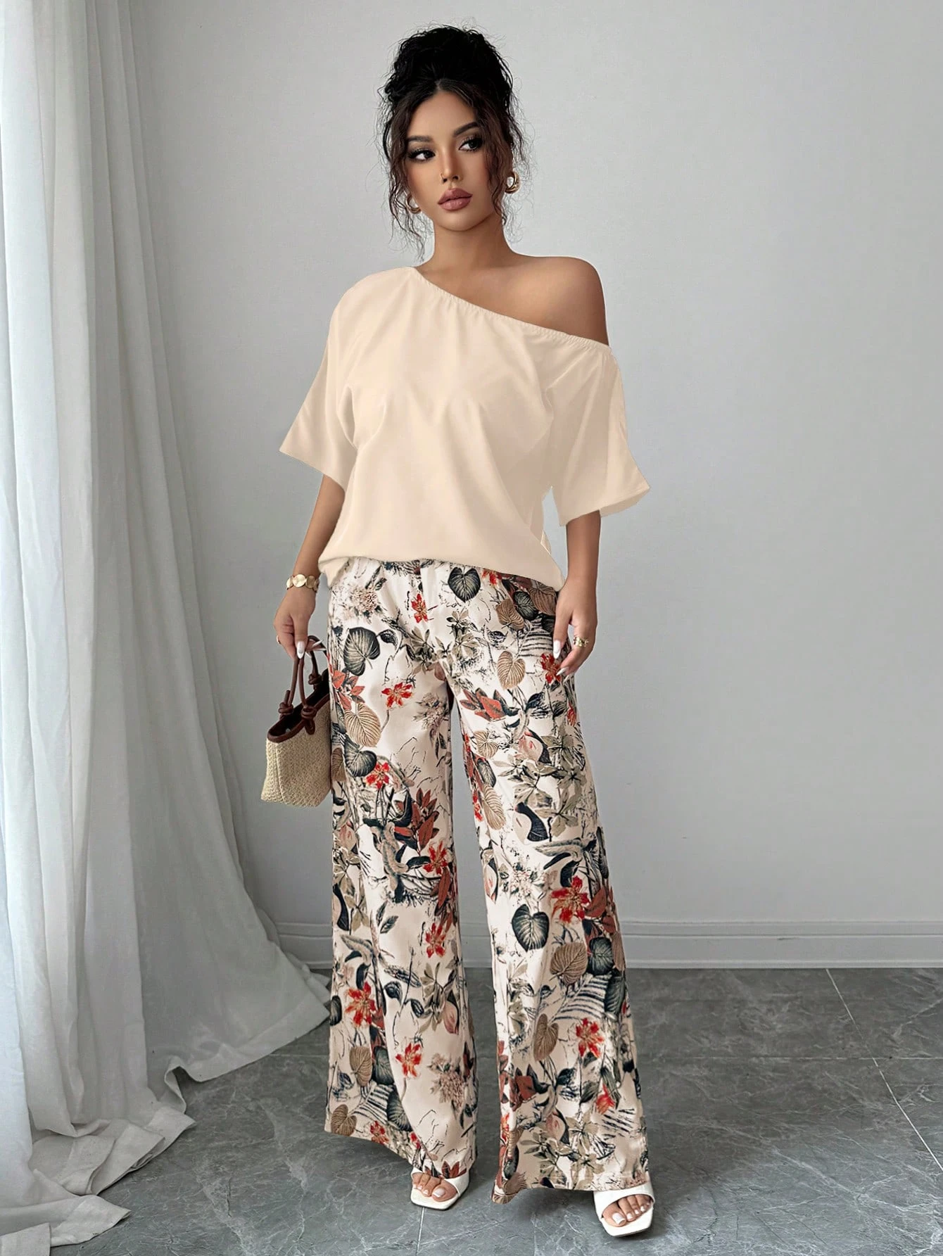 Women Summer Casual Solid Color Asymmetrical Shoulder Top And Floral Print Pants Set