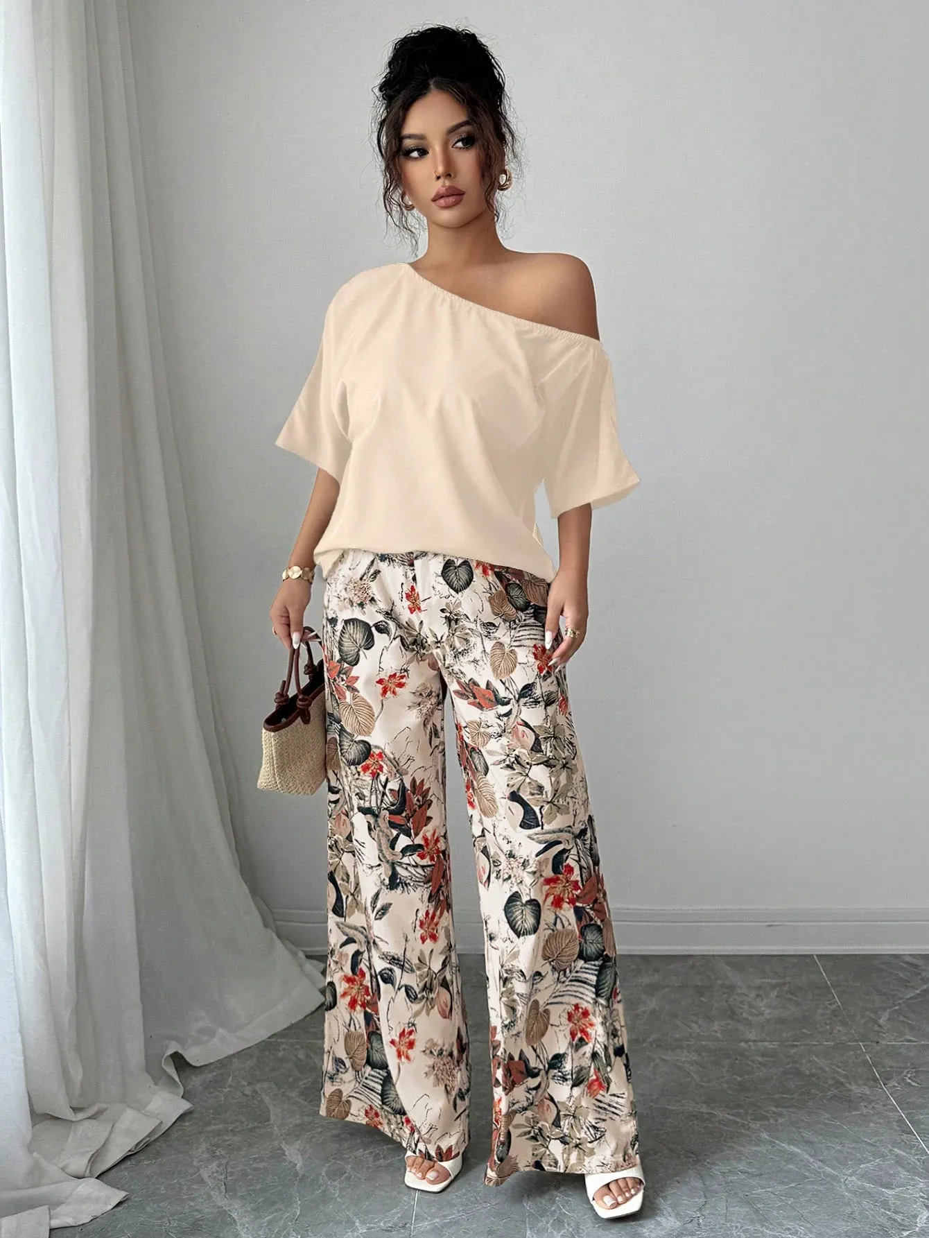 Women Summer Casual Solid Color Asymmetrical Shoulder Top And Floral Print Pants Set