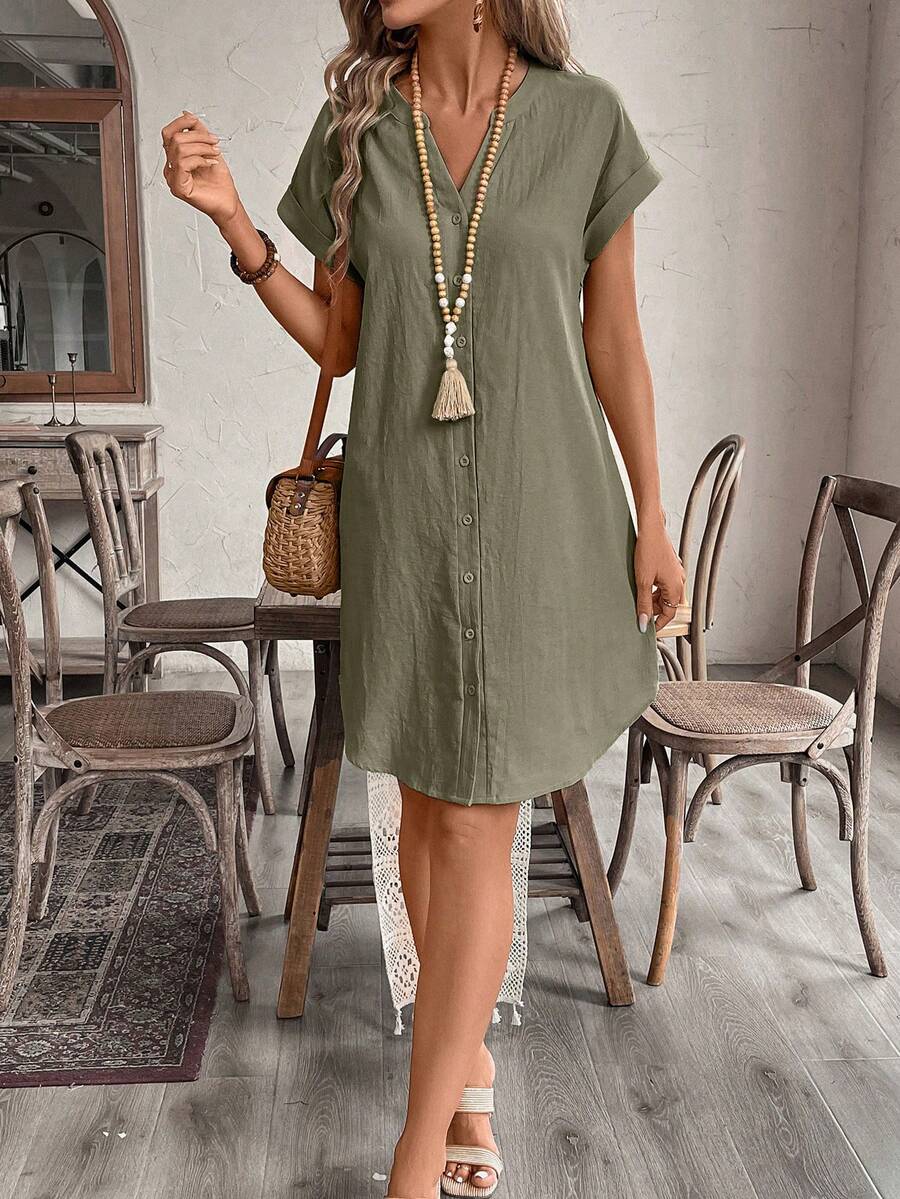 EMERY ROSE Women's V-Neck Button Closure Short Dress, Suitable For Spring And Summer,Black Dress For Women