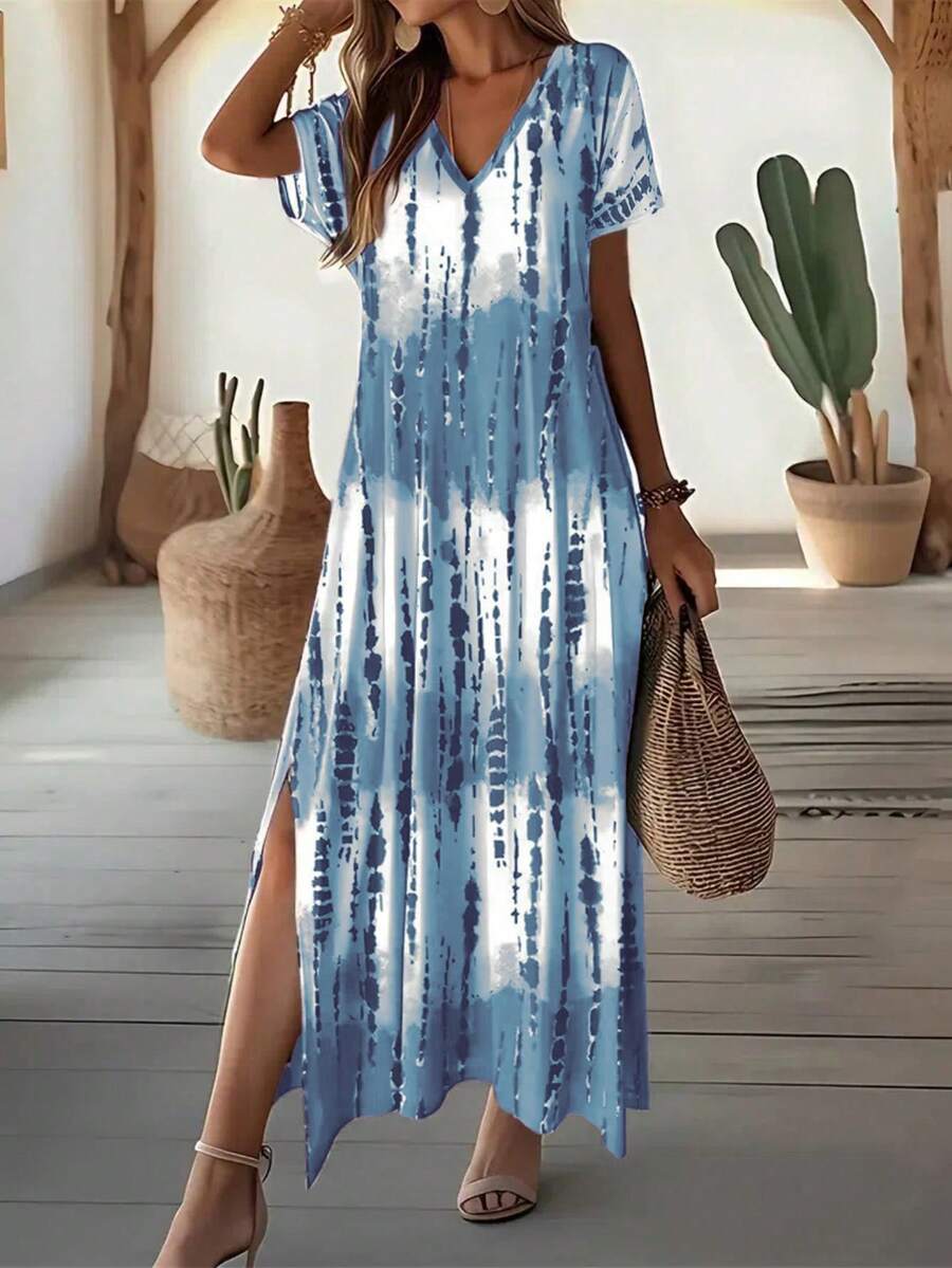 EMERY ROSE Summer New Casual Women's V-Neck Short Sleeve Loose Tie-Dye Print Split Dress