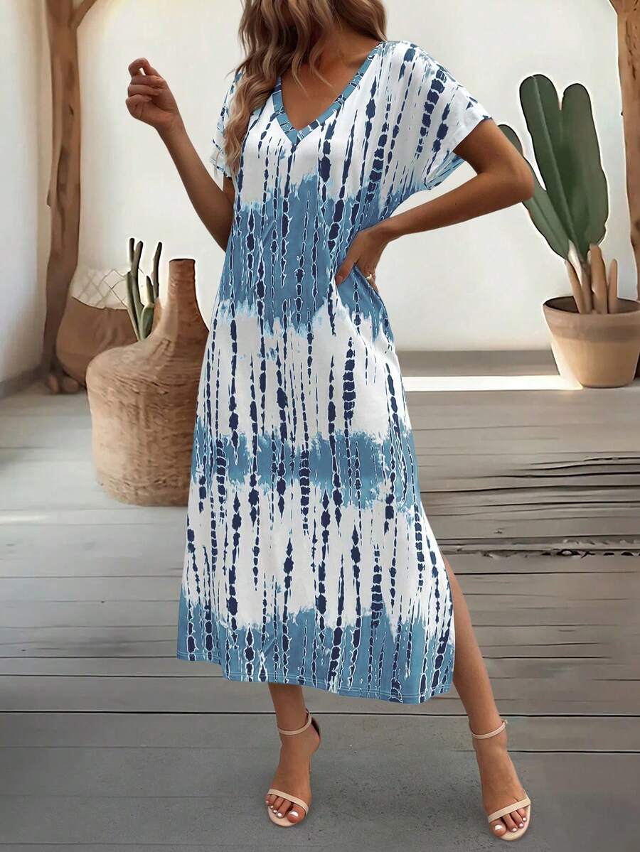 EMERY ROSE Summer New Casual Women's V-Neck Short Sleeve Loose Tie-Dye Print Split Dress